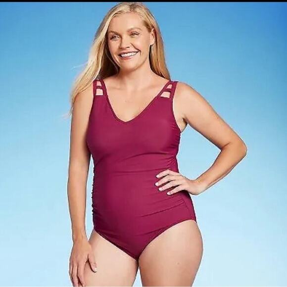 Aqua Green Wine Red Women's one piece Cut Out Strap One Piece Swimsuit  M - Picture 2 of 6
